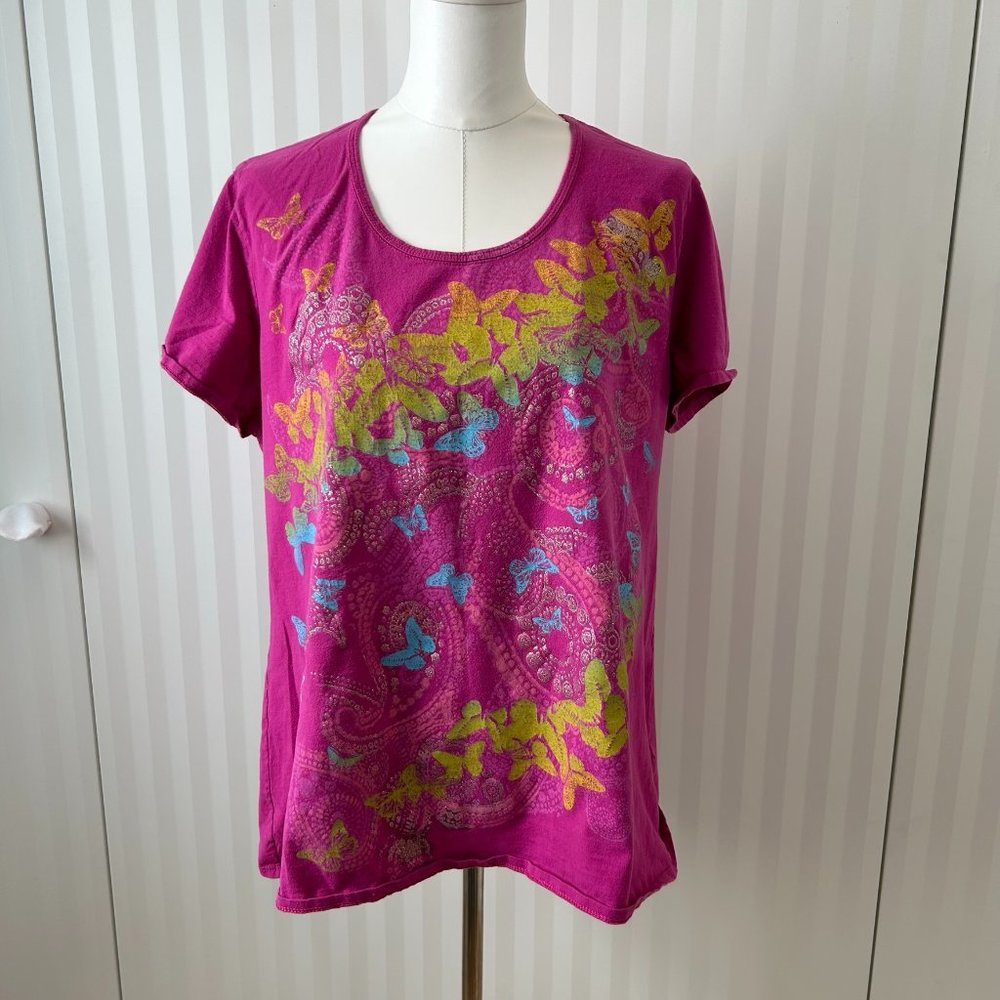 JMS Just My Size Pink with blue and yellow flowers 100% cotton t-shirt Size 2X